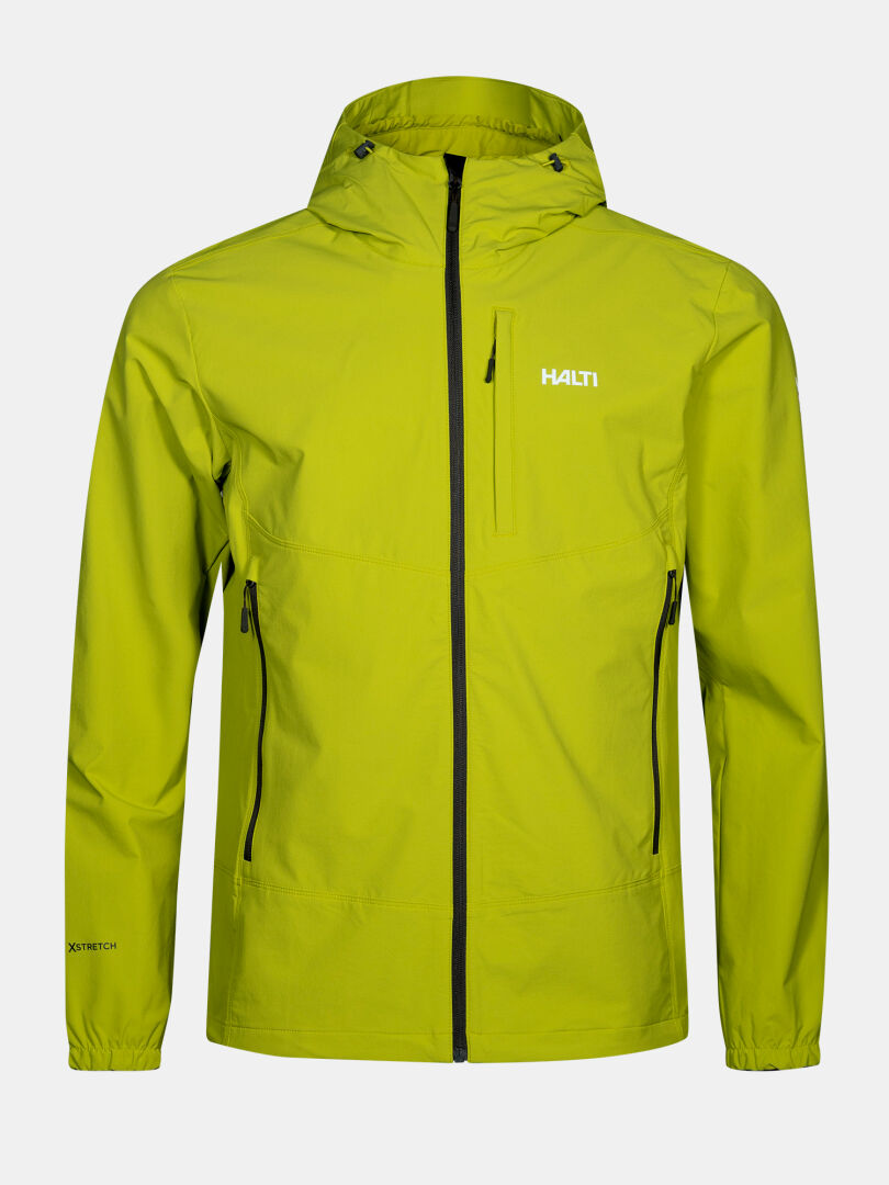 The Halti Pallas Evo X-stretch men's jacket is bright green with black zippers and logo, shown on a plain background.