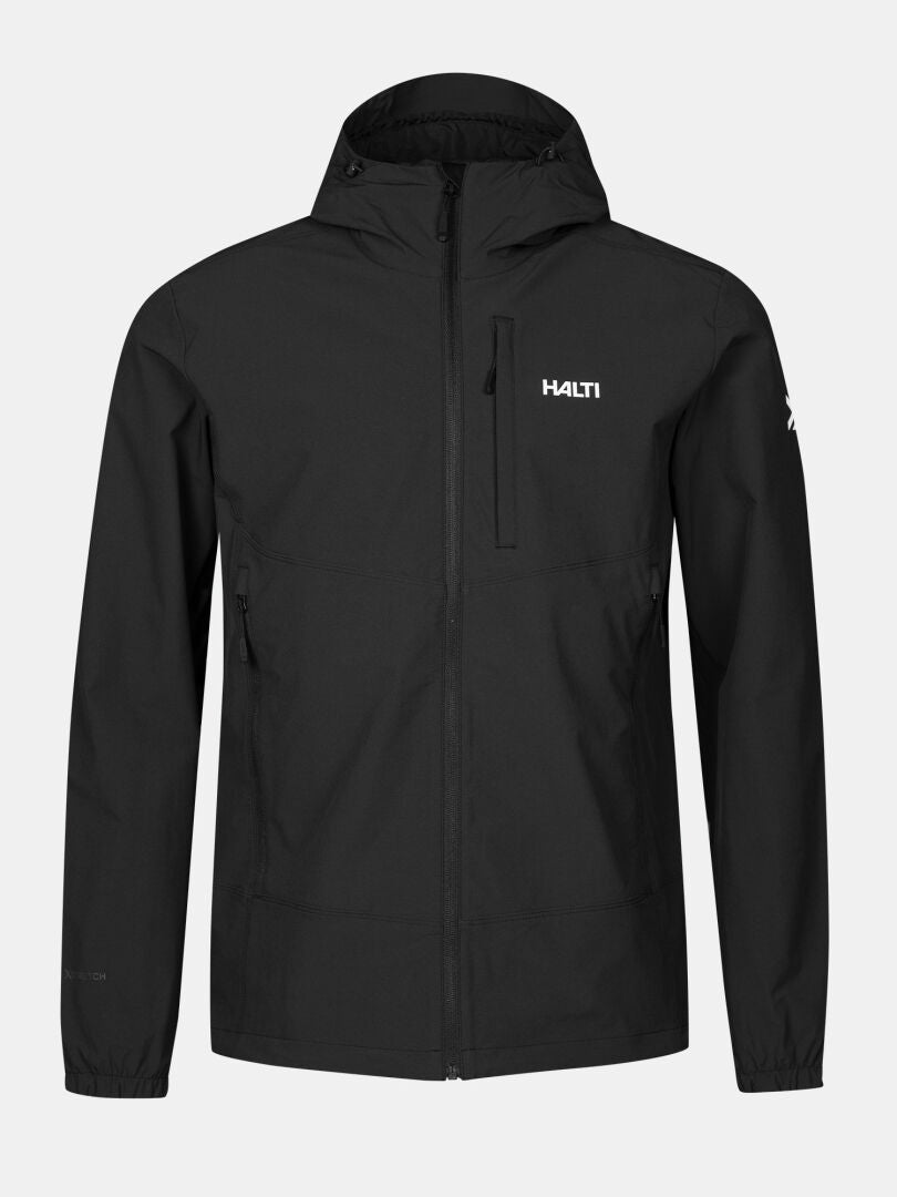 The Halti Pallas Evo X-stretch Men's Jacket in black with front zipper and chest logo, shown on a plain background.