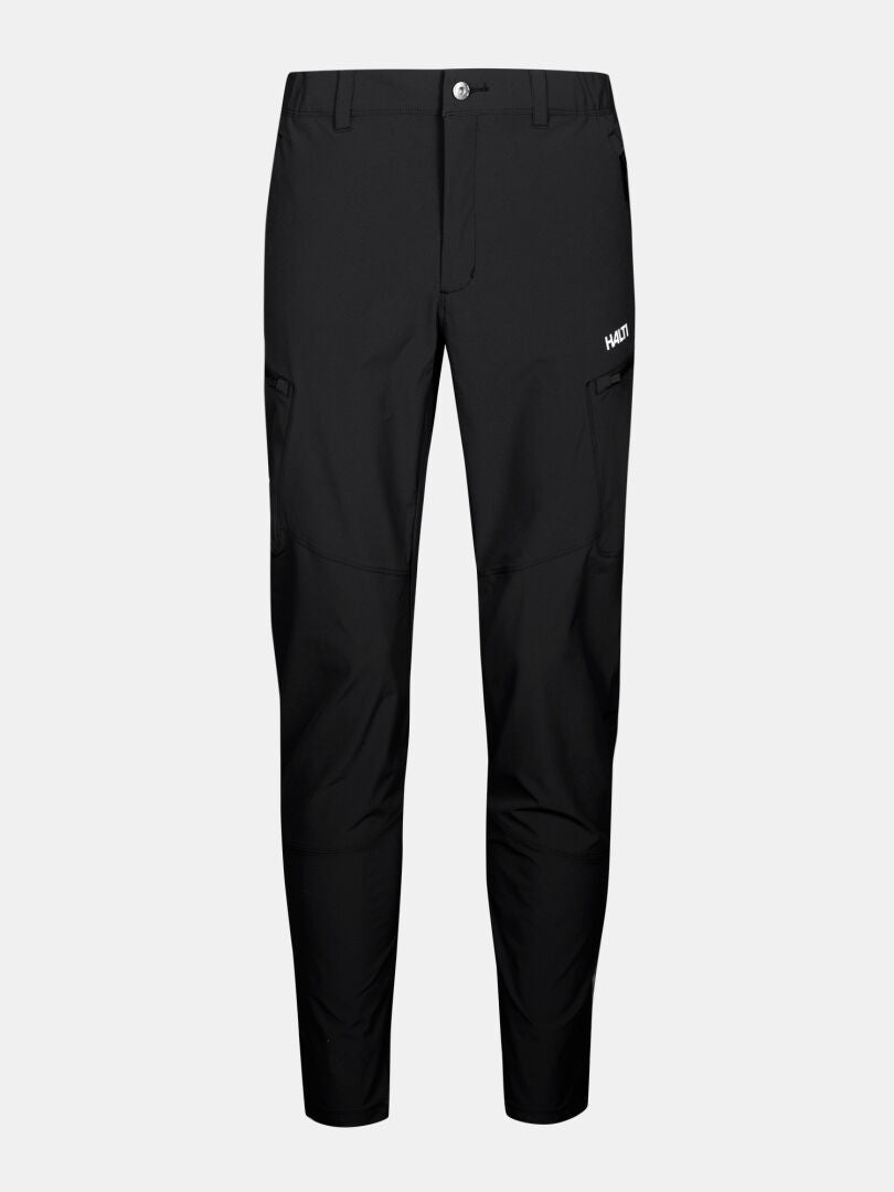 Black Pallas Evo Short X-stretch Pants by Halti: slim-fit, quick-dry, with belt loops, side pockets, and logo on thigh.