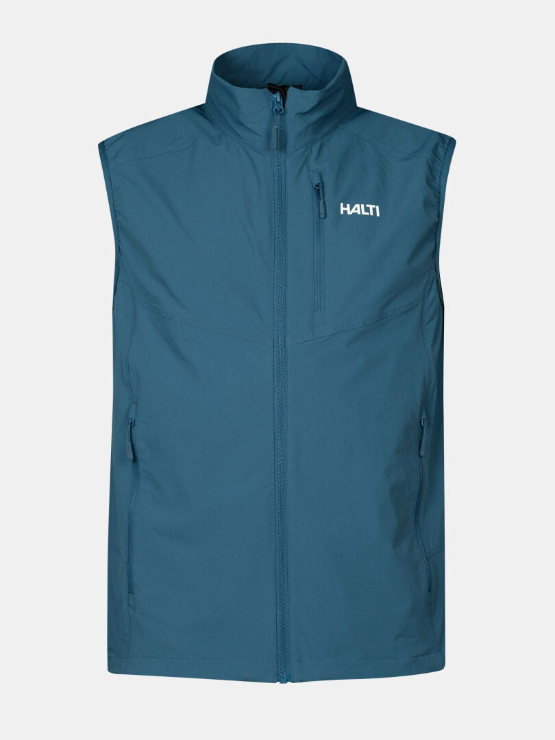 Halti Pallas Evo X-stretch Men's vest: sleeveless, blue, high collar, 3 zip pockets, logo on chest.