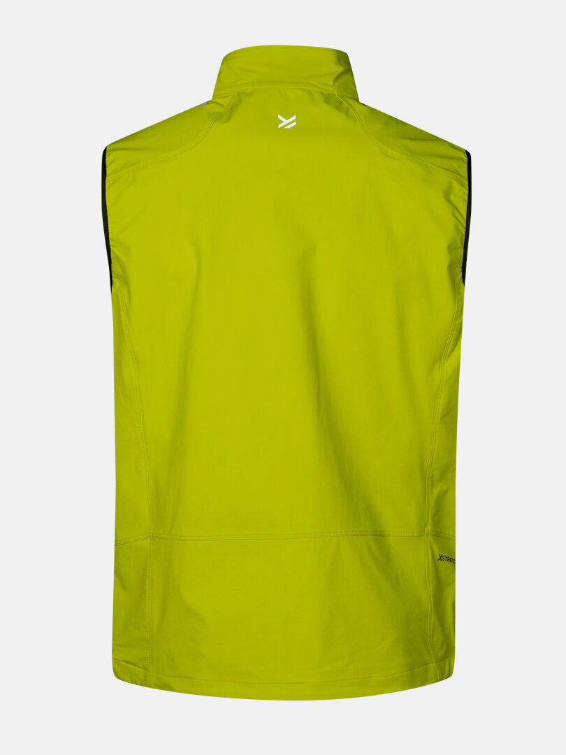 The Halti Pallas Evo X-stretch Vest Men's is shown from the back in bright yellow with a small white logo near the collar.