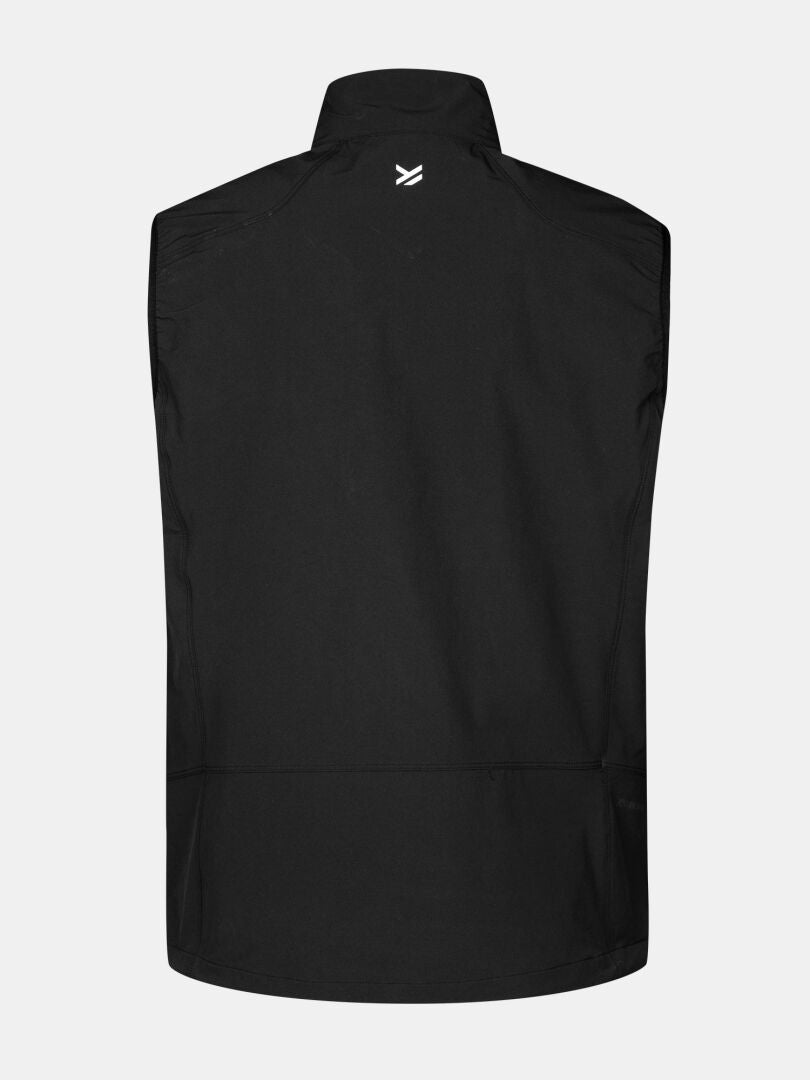 The Halti Pallas Evo X-stretch Vest Men's in black is shown from the back with a small white logo below the collar.