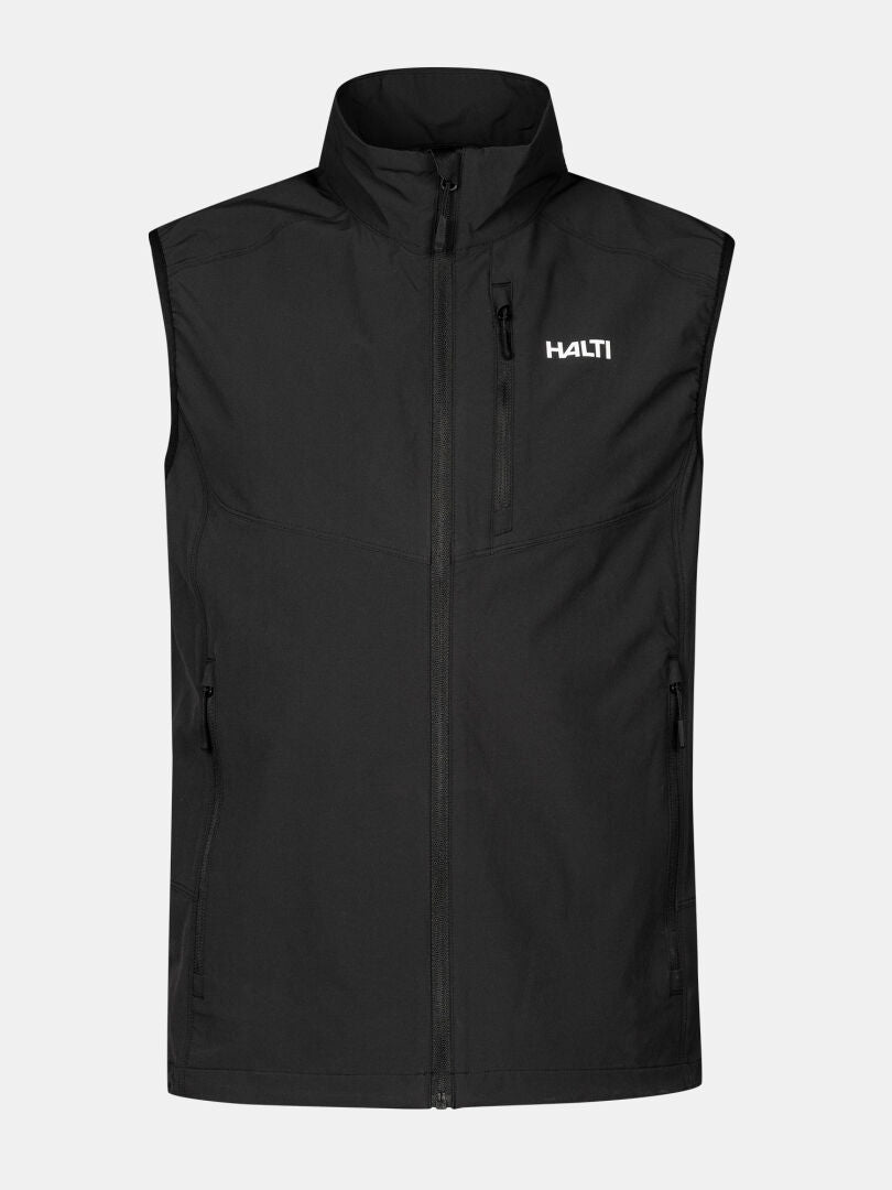 The Halti Pallas Evo X-stretch Vest Men's is a black, lightweight vest with side pockets and a front zipper.