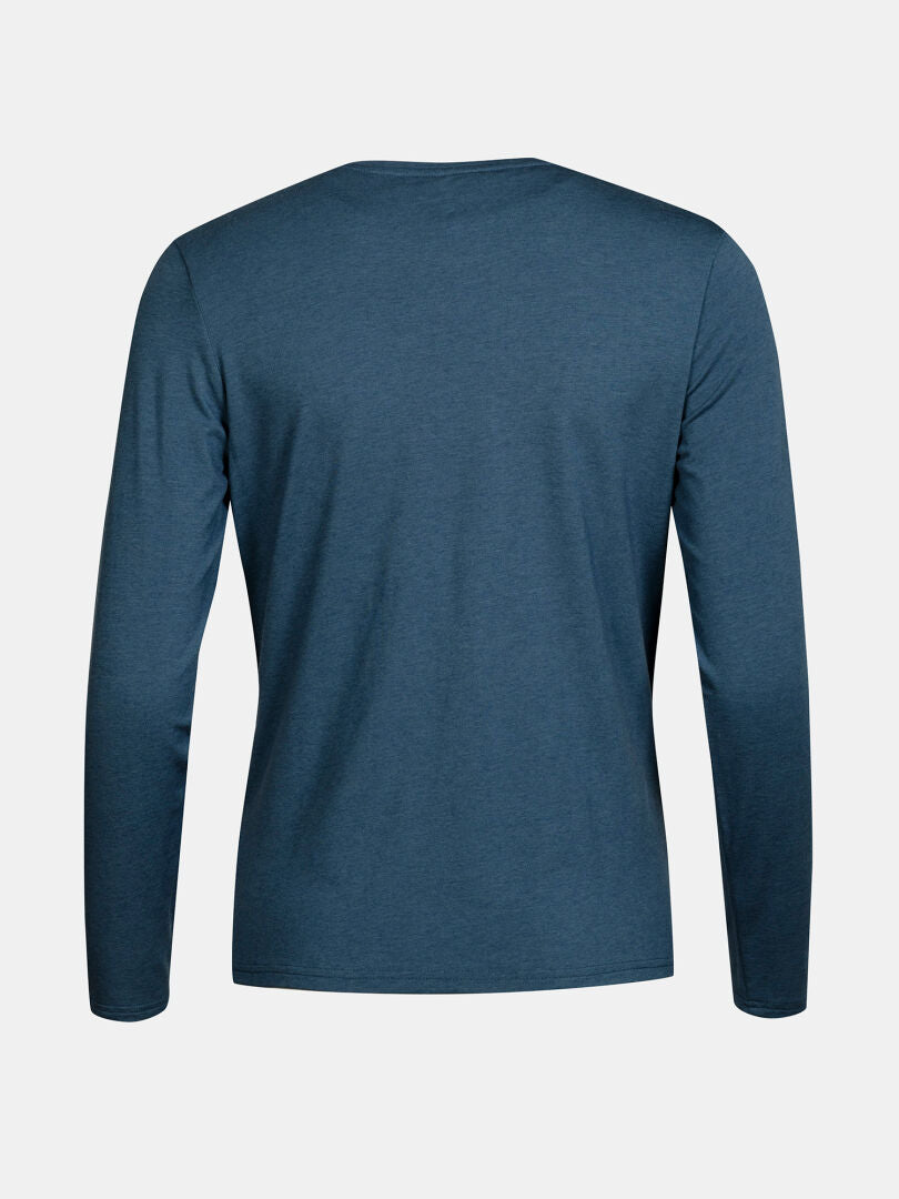 The Halti Tuntu II Women's blue long-sleeve merino shirt shown from the back on a plain light background.