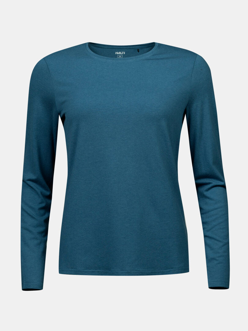 Halti Tuntu II Women's Merino Long Sleeve Shirt in plain teal with a crew neck, shown on a white background.
