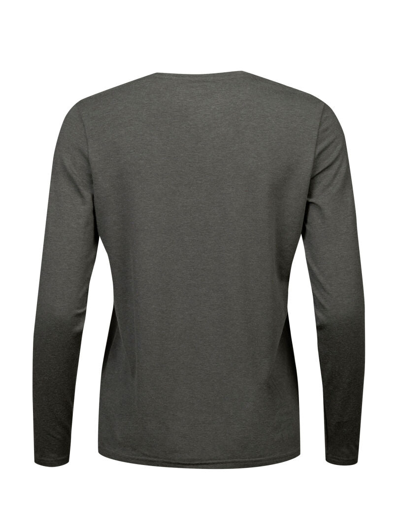 The Halti Tuntu II Long Sleeve Merino Shirt for women in dark gray is shown from the back against a white background.