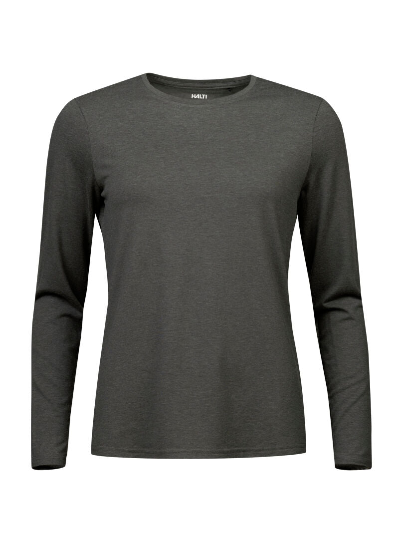 The Halti Tuntu II Women's Long Sleeve Merino Shirt in dark gray, shown on a white background.