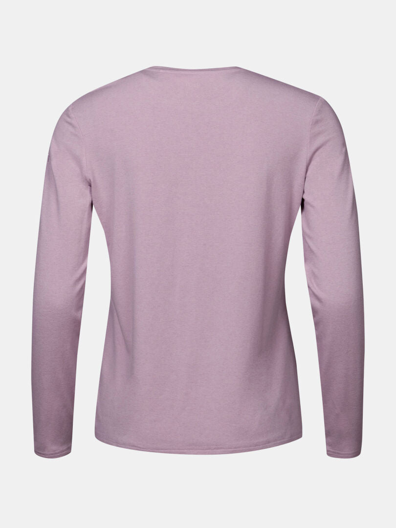 Back view of the Halti Tuntu II Women's Long Sleeve Merino Shirt in light mauve on a neutral background.