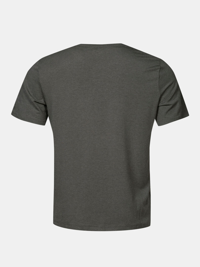 Back view of Halti Tuntu II Merino T-shirt Men's in dark gray merino lyocell blend on a white background.