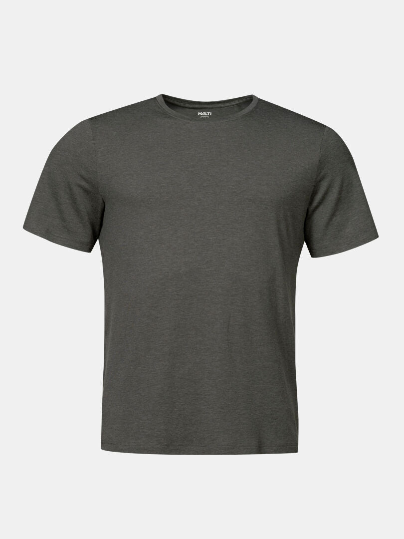 Halti Tuntu II Merino T-shirt Men's in dark gray, short sleeves and crew neck, shown on a white background.