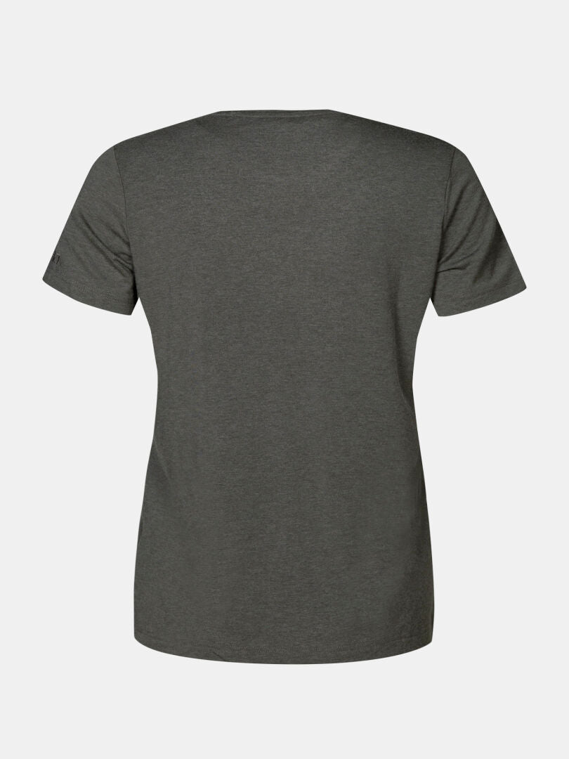 The Halti Tuntu II Merino T-shirt Women's in dark gray, back view, shown against a white background.