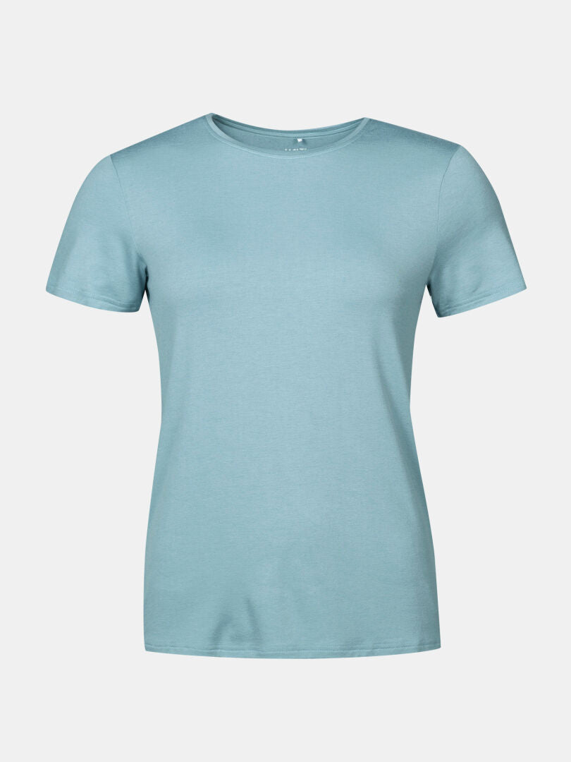 Halti Tuntu II Merino T-shirt Women's in light blue, made from a soft merino lyocell blend, on white background.