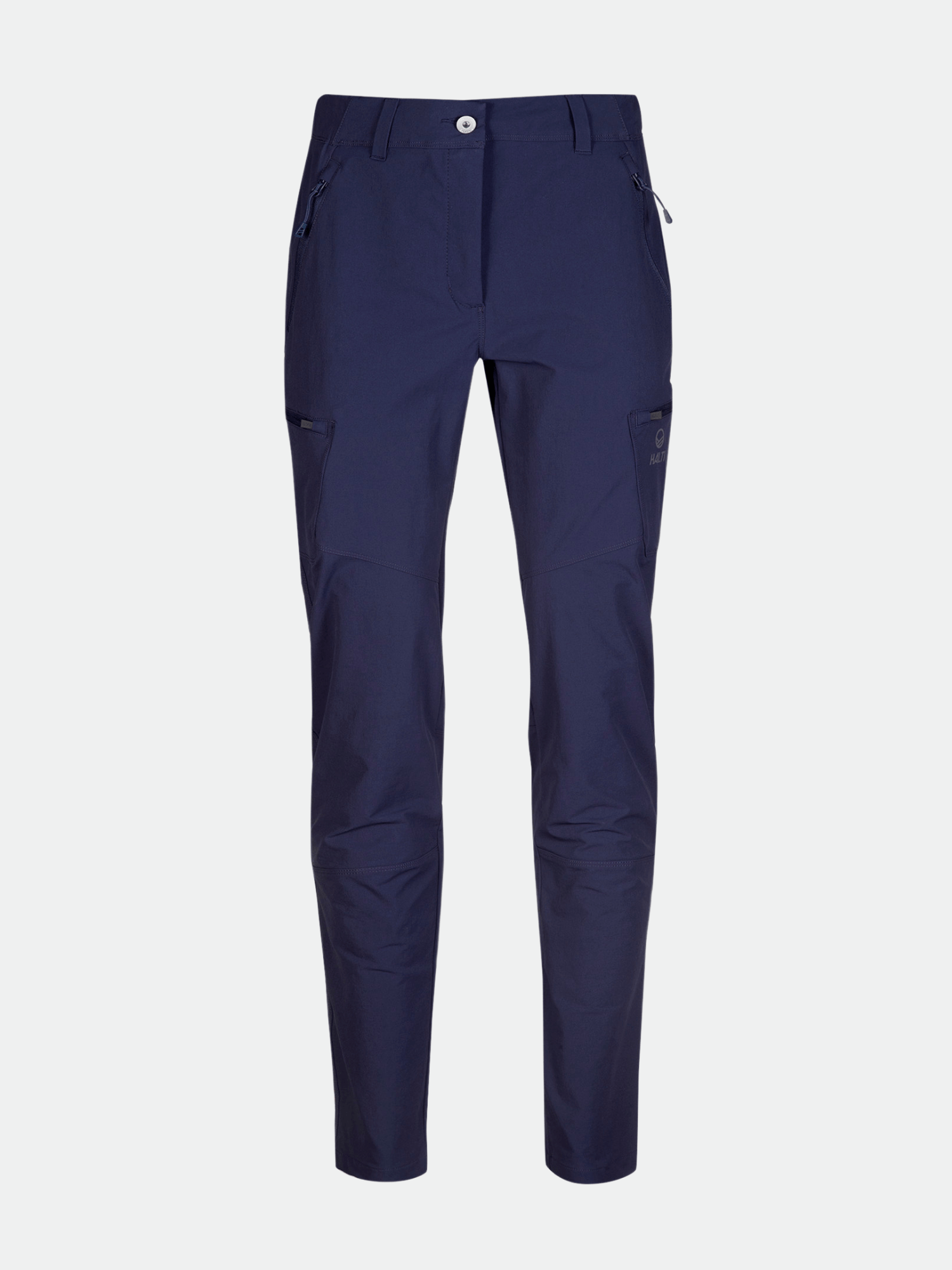 Halti Pallas Evo Brushed X-stretch Women’s navy pants with zip pockets, button front, and belt loops on a white background.