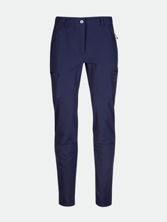 Halti Pallas Evo Brushed X-stretch Women’s navy pants with zip pockets, button front, and belt loops on a white background.