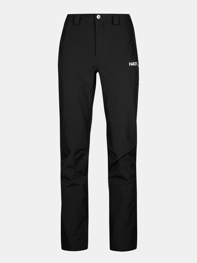 Leisti II DX Shell Pants Women's by Halti: black straight-leg pants with belt loops, button closure, and logo.