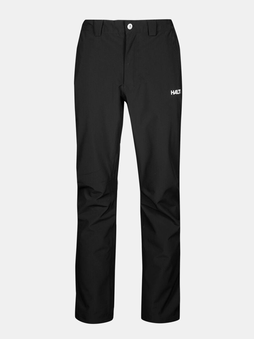 Halti Vuoksi II DX Shell Pants Men's: black, straight-leg, stretchable fabric with belt loops and a white logo on left thigh.