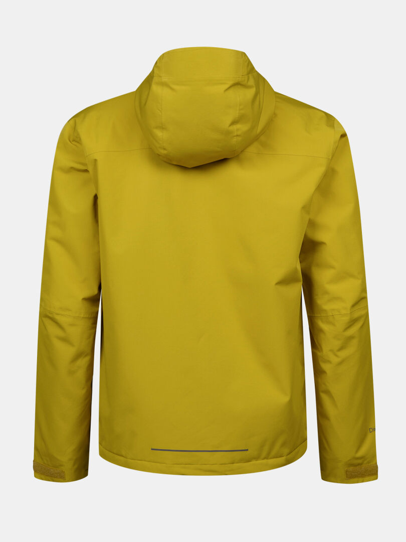 A men's yellow Halti Forter DX Warm Shell Jacket with hood, back view, on a plain white background.