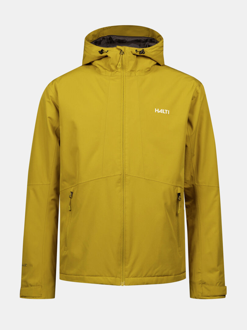 A yellow Halti Forter DX Warm Shell Jacket Men's with zipper pockets and logo on chest, shown on white background.