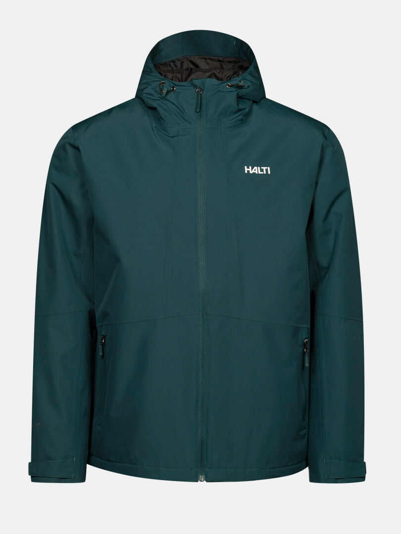 Halti Forter DX Warm Shell Jacket Men’s: dark green, insulated, hooded, zip front, side pockets, chest logo.