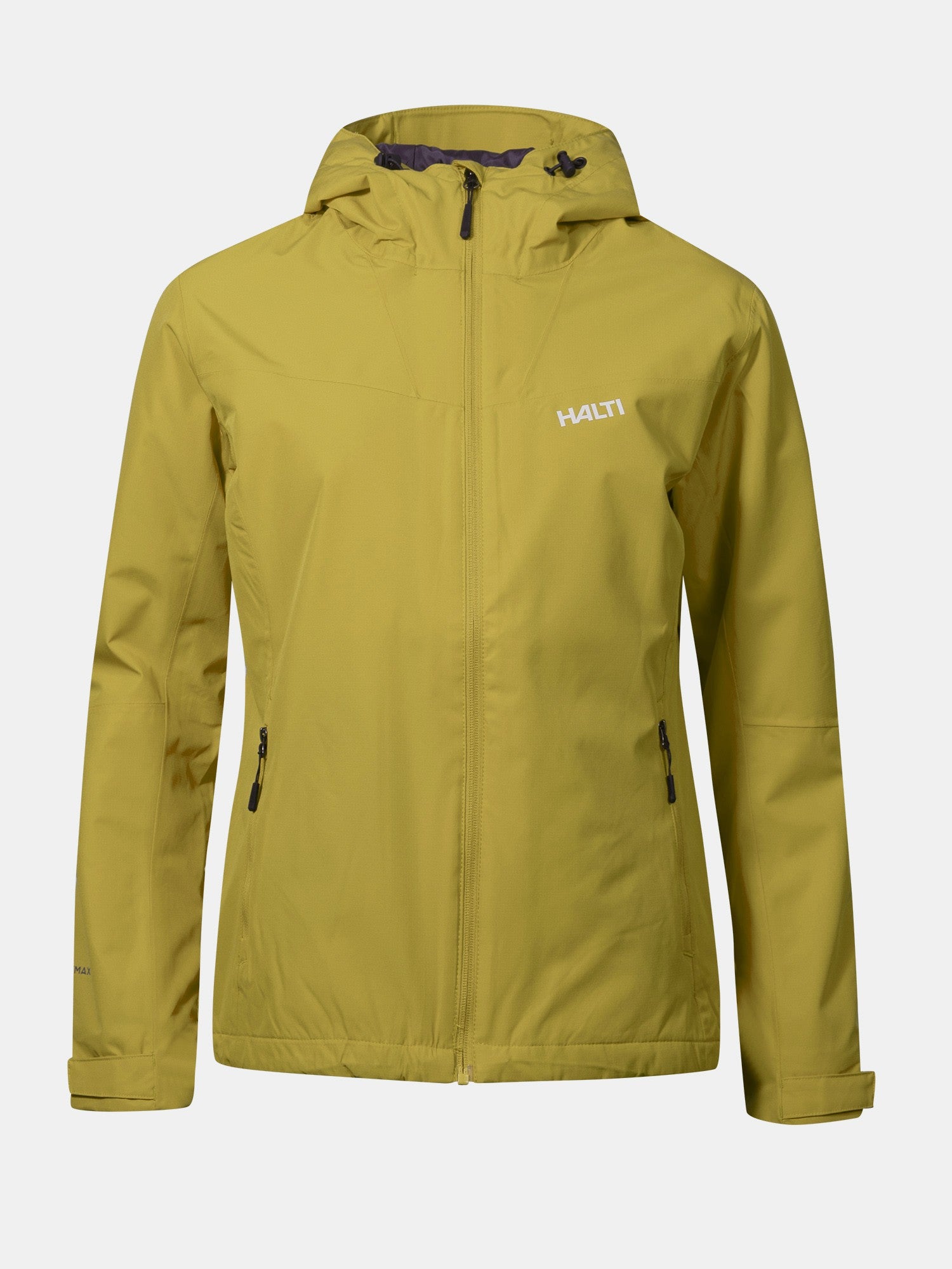 Halti Forter DX Shell Jacket Plus Women's in yellow with zippered pockets and logo, shown on a plain background.