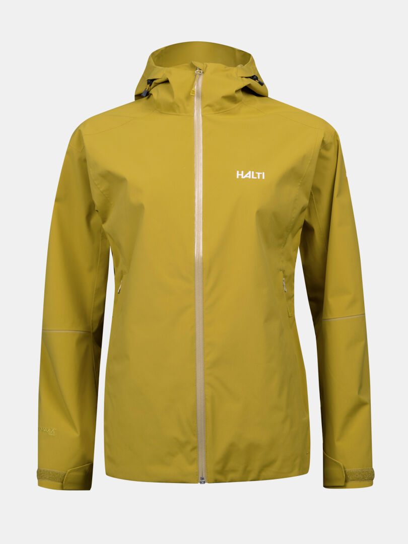 Halti Forter DX Shell Jacket Plus Women's—yellow, waterproof, breathable, front zipper, two pockets, logo.