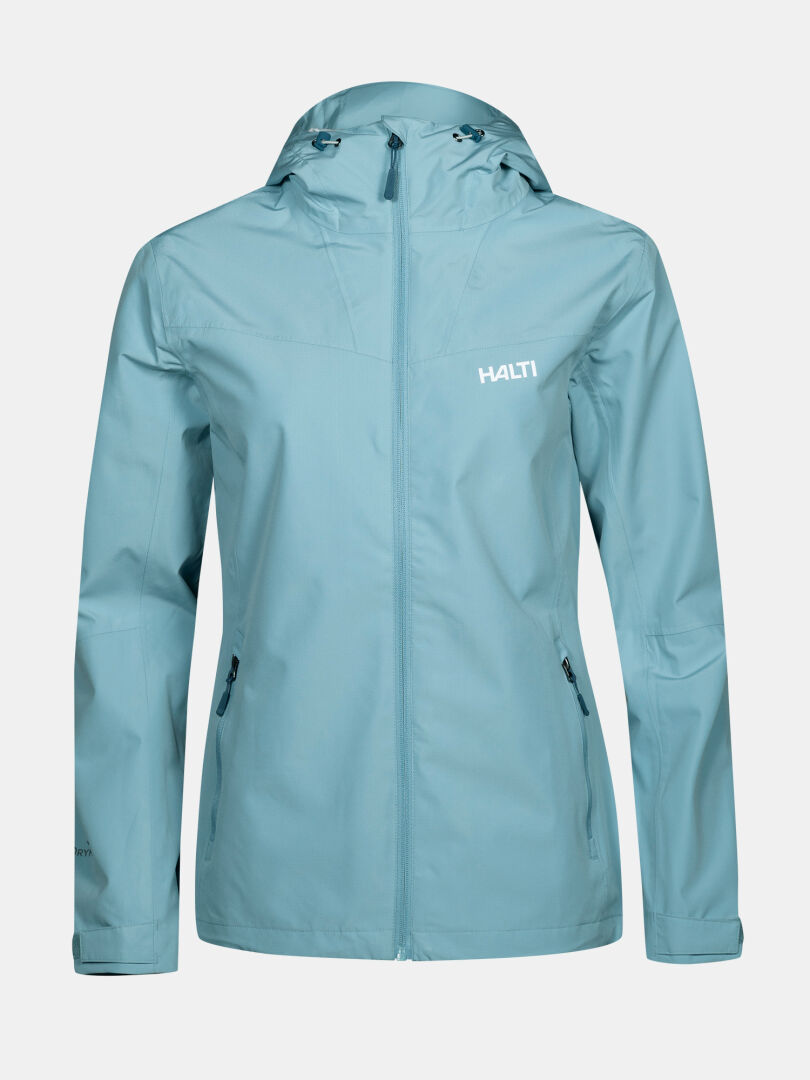 Halti Forter DX Shell Jacket Women’s Plus: light blue, hooded, zippered pockets, weatherproof—ideal for outdoors.