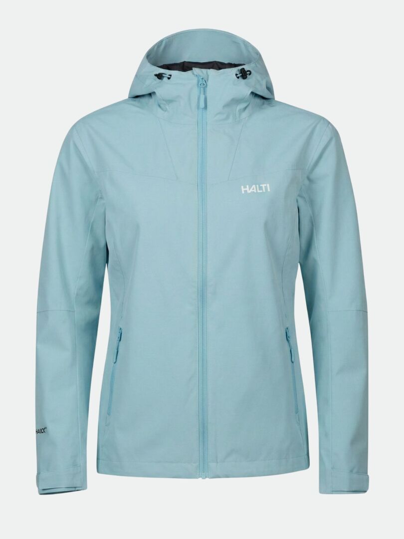 Halti Forter DX Shell Jacket Plus Women's in light blue, waterproof with front zip, zip pockets, and logo on chest.