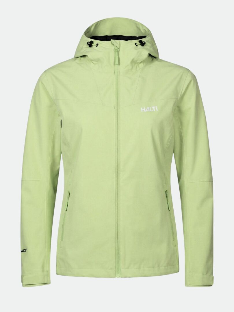 The Halti Forter DX Shell Jacket Plus Women's is light green with zip pockets, black drawstrings, and a chest logo.