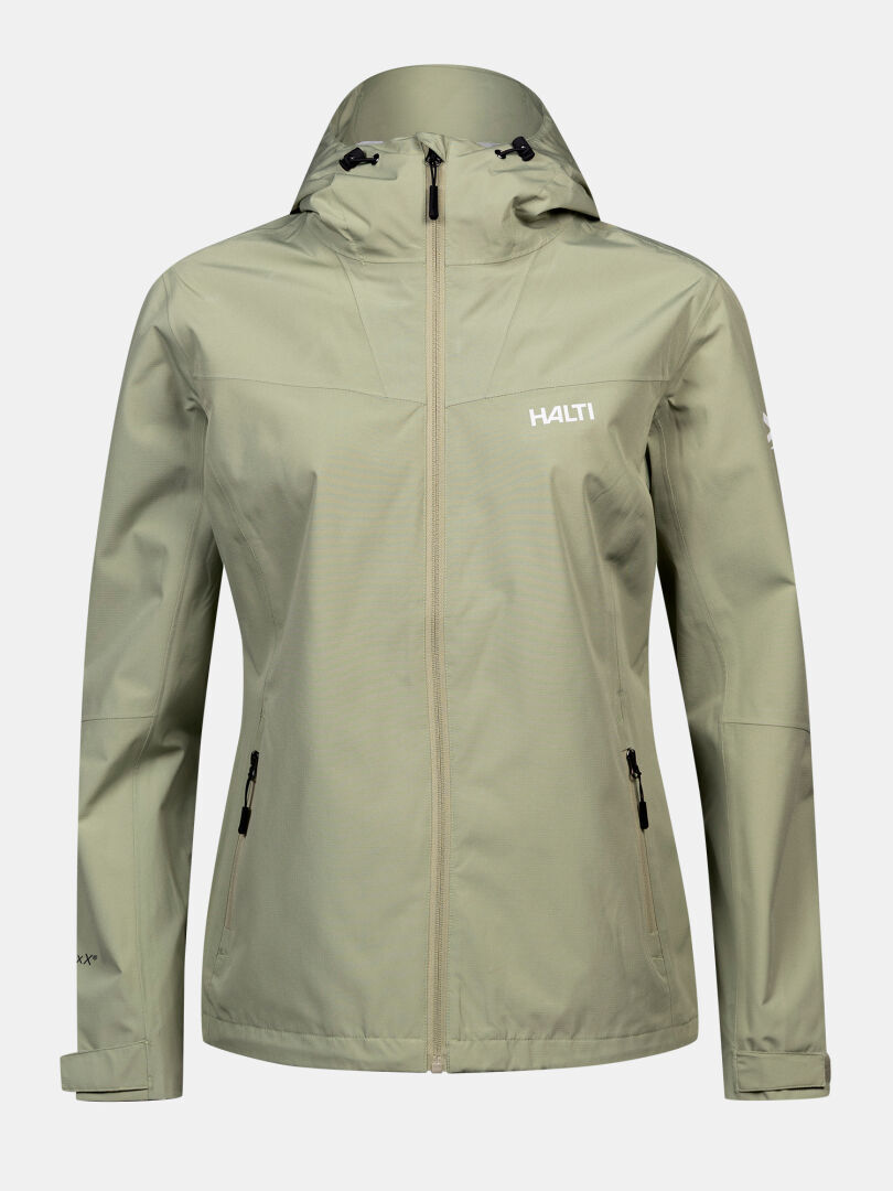 Halti Forter DX Shell Jacket Women’s Plus: light green, weatherproof, hooded, with two pockets and adjustable cuffs.