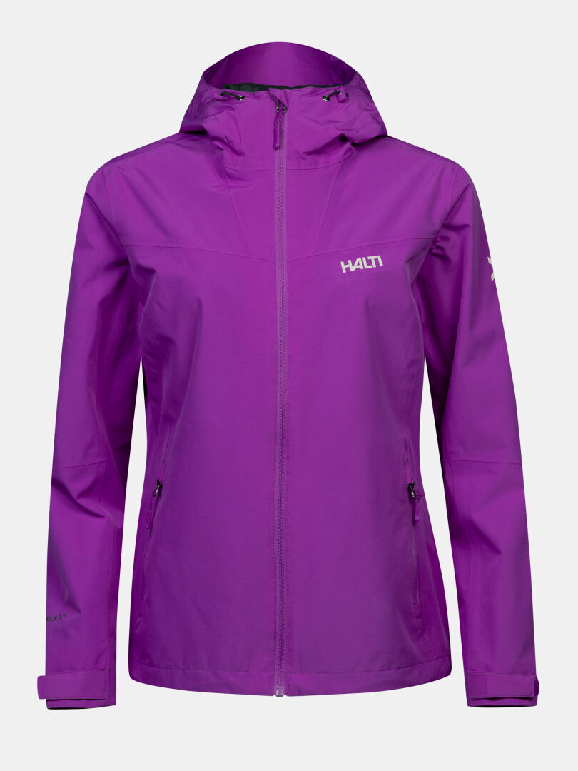 Halti Forter DX Shell Jacket Women’s Plus in purple, with hood, zipper, and pockets shown on a white background.