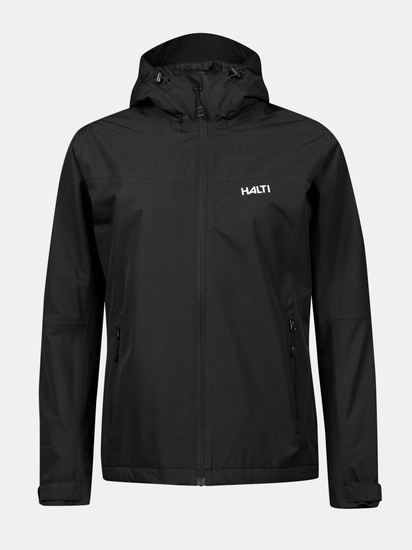 The Halti Forter DX Shell Jacket Plus Women's is black, waterproof, breathable, with two front pockets and a left chest logo.