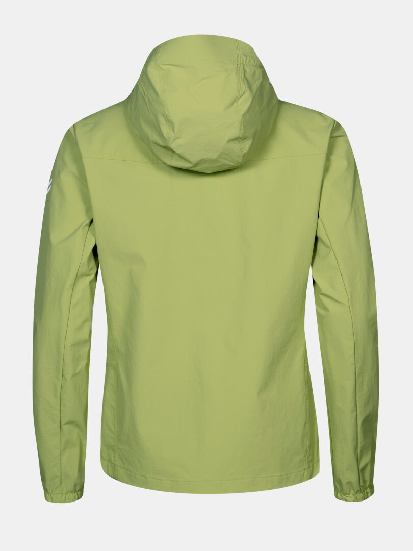 The Halti Pallas Evo X-stretch Jacket Plus Women's in light green is shown from the back on a white background.