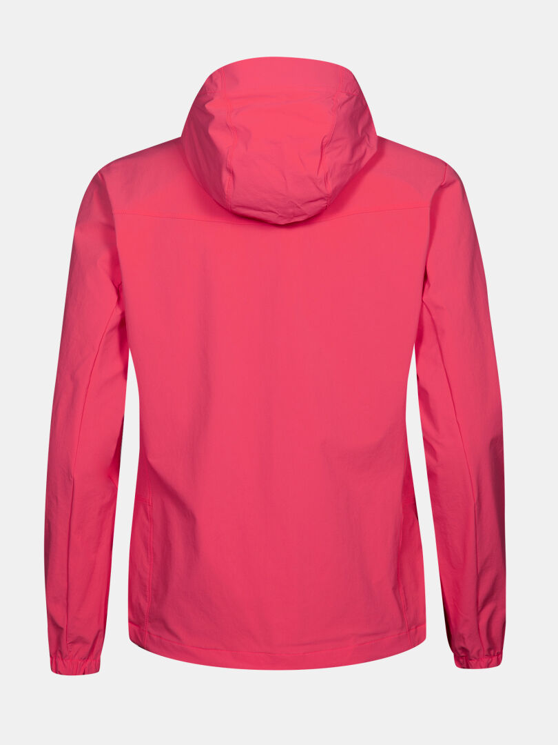 The Halti Pallas Evo X-stretch Jacket Plus Women's is shown from the back in bright pink against a white background.