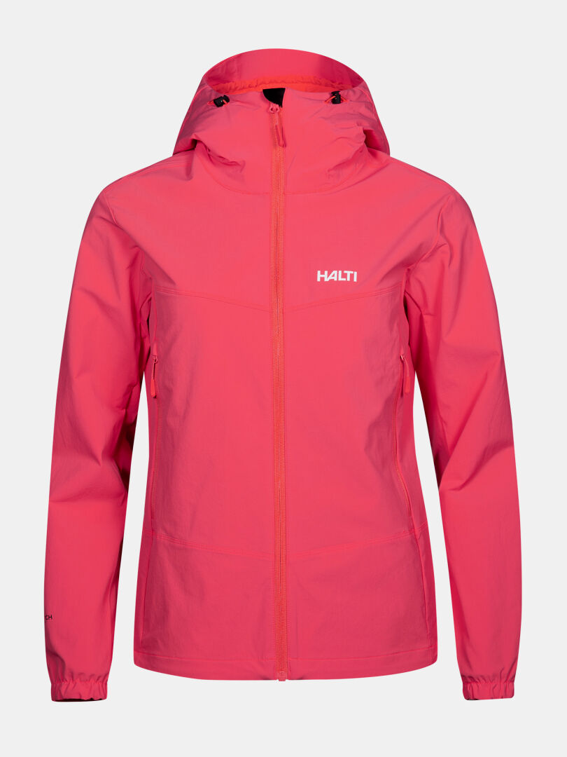Halti Pallas Evo X-stretch Jacket Plus Women's in bright pink, breathable with front zipper and logo, shown on plain background.
