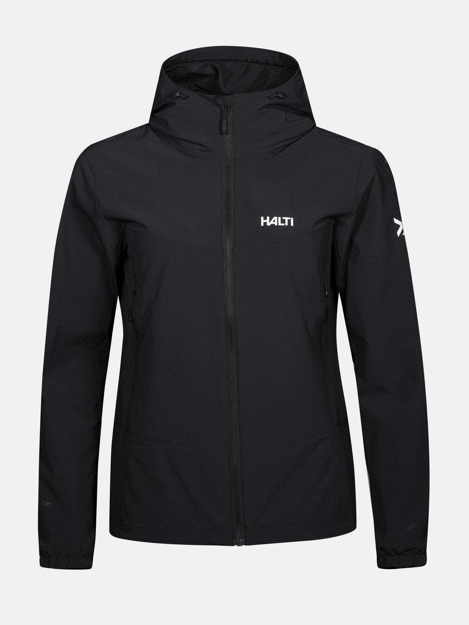 The Halti Pallas Evo X-stretch Jacket Plus Women's, in black, is a breathable, flexible jacket shown on a plain background.