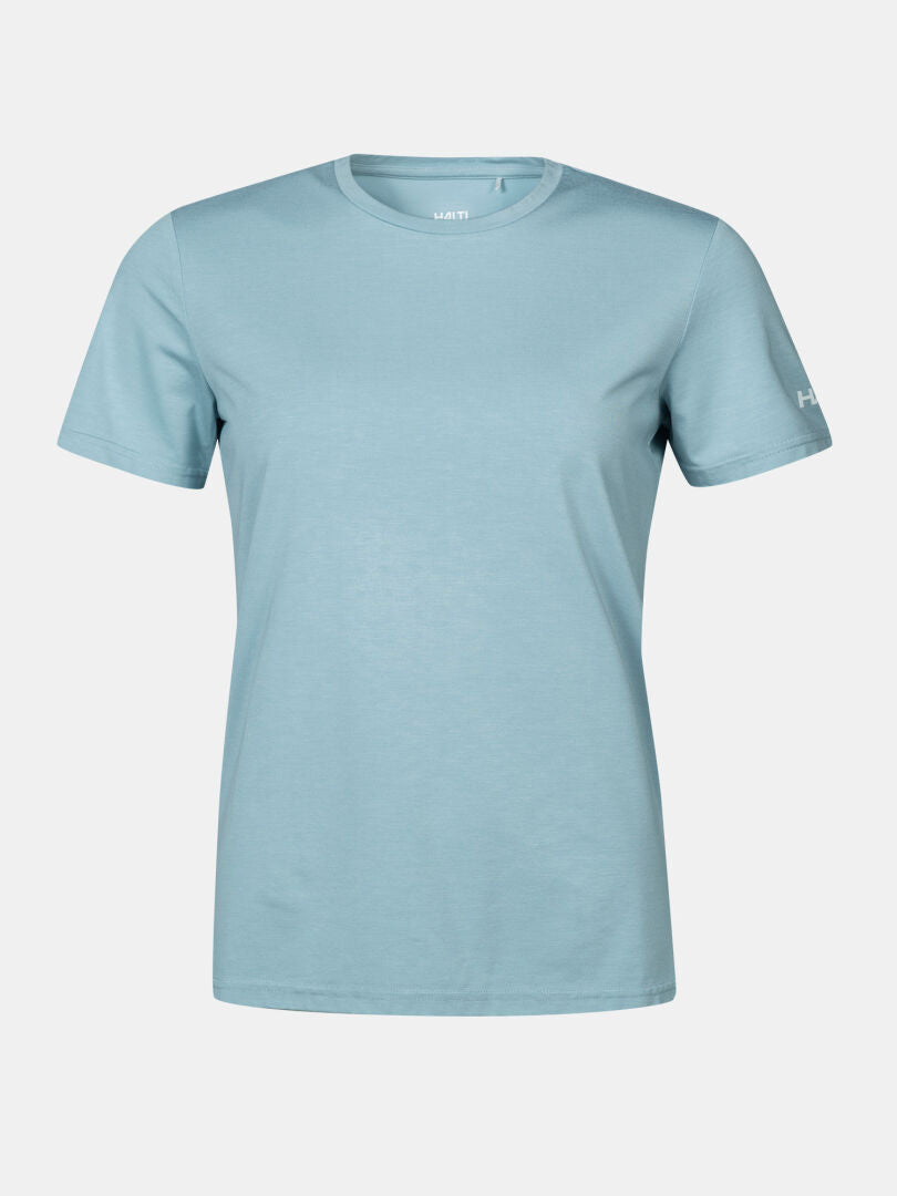 The Halti Kalteva T-shirt Women's is a light blue short-sleeve crew neck tee, ideal for outdoor activities.