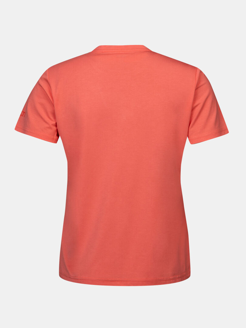 Back view of Halti Kalteva T-shirt Women's in coral, ideal for outdoor activities, shown on a white background.