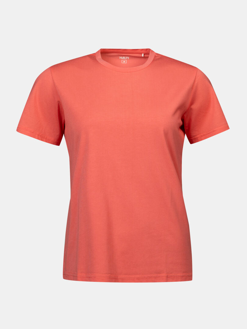 Halti Kalteva T-shirt Women's in coral, short-sleeve crew neck, shown on a white background.