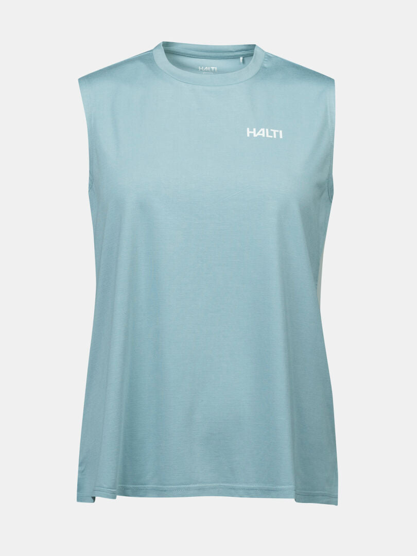 Halti Kalteva Top Women's: light blue sleeveless crew neck trekking shirt—lightweight and ideal for hiking.