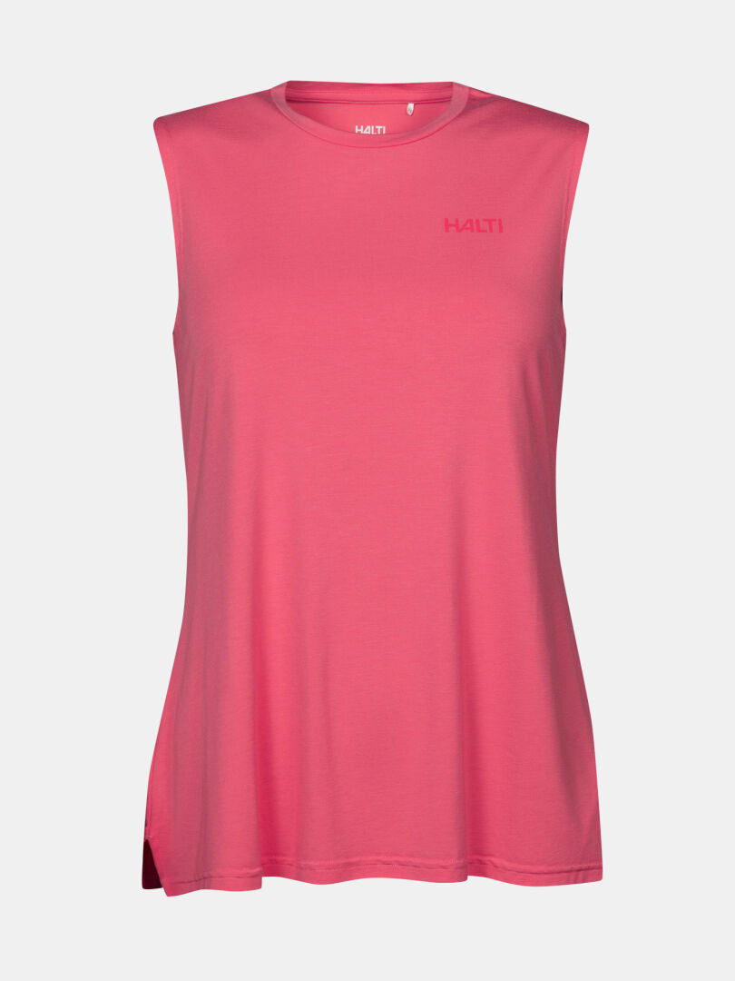 The Halti Kalteva Top Women's is a sleeveless pink trekking shirt with round neckline, ideal for active outdoor days.