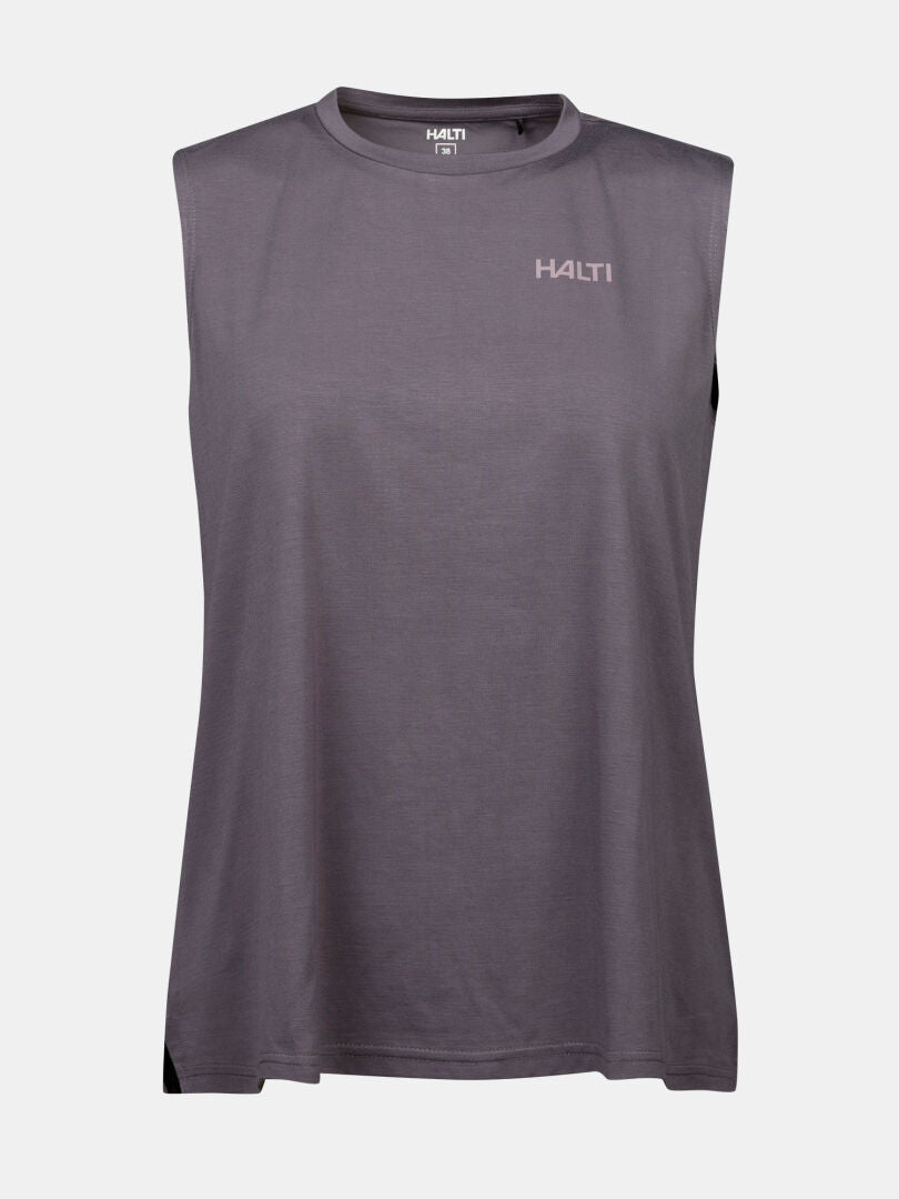 Halti Kalteva Top Women's: sleeveless gray hiking shirt with chest logo, lightweight, shown on white background.