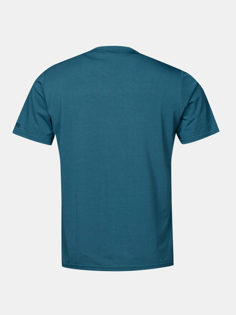 The Halti Kalteva T-shirt Men's in teal, made from sustainable fabric, shown from the back on a white background.
