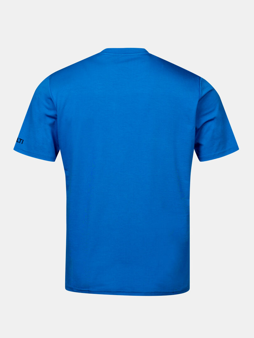 Halti Kalteva T-shirt Men's in bright blue, back view, sustainable material, small black logo on left sleeve.