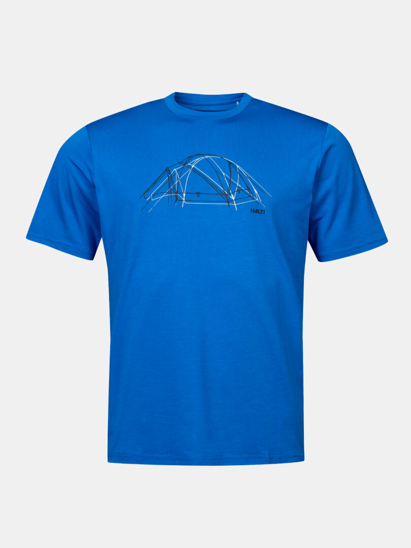A blue Halti Kalteva T-shirt for men with a tent line drawing on the chest, ideal for outdoor activities.