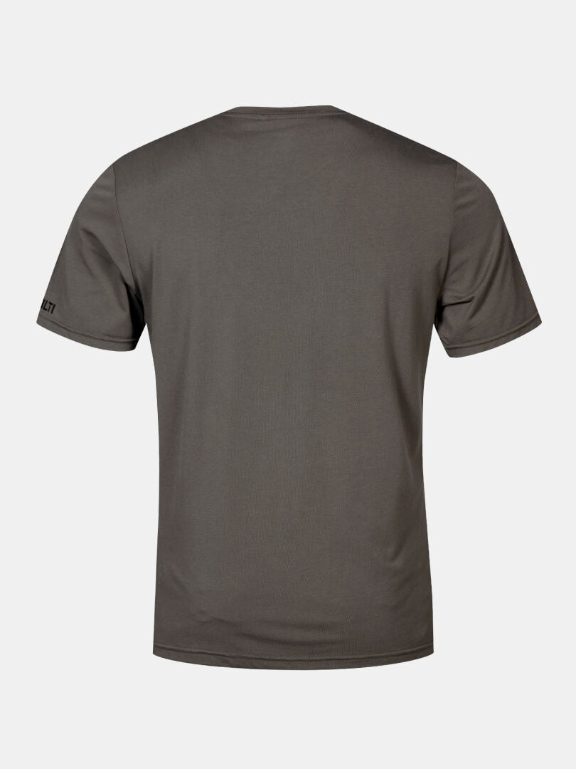 The Halti Kalteva T-shirt Men's in plain gray, made of sustainable material, shown from the back on a light gray background.