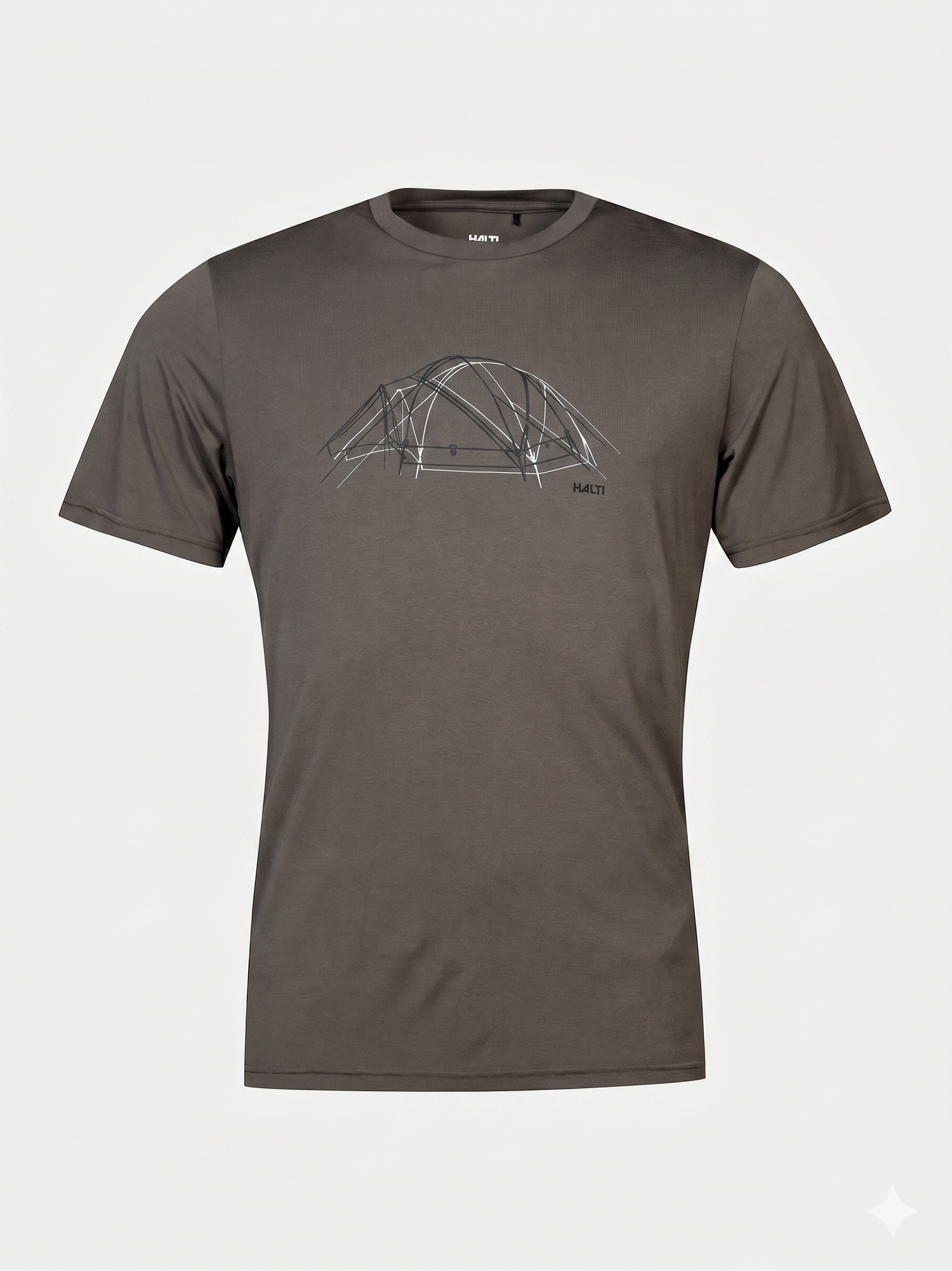 The Halti Kalteva T-shirt Men's is taupe with a minimalist architectural line drawing on the chest.