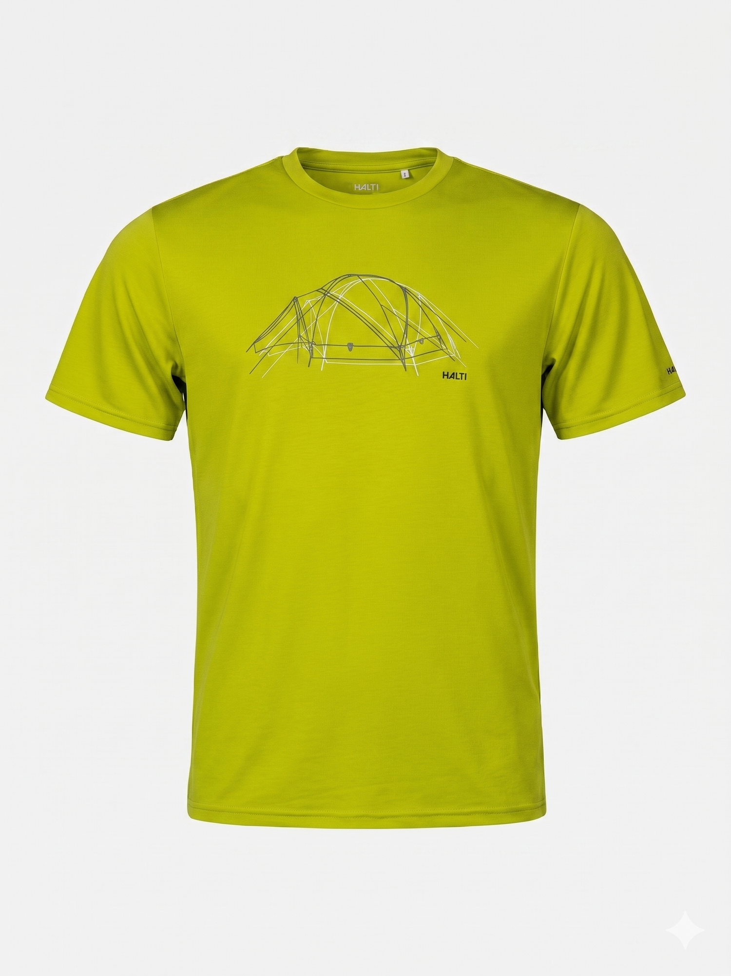 The Kalteva T-shirt Men’s by Halti is lime green, short-sleeved, with a chest line drawing and HALTI logo.