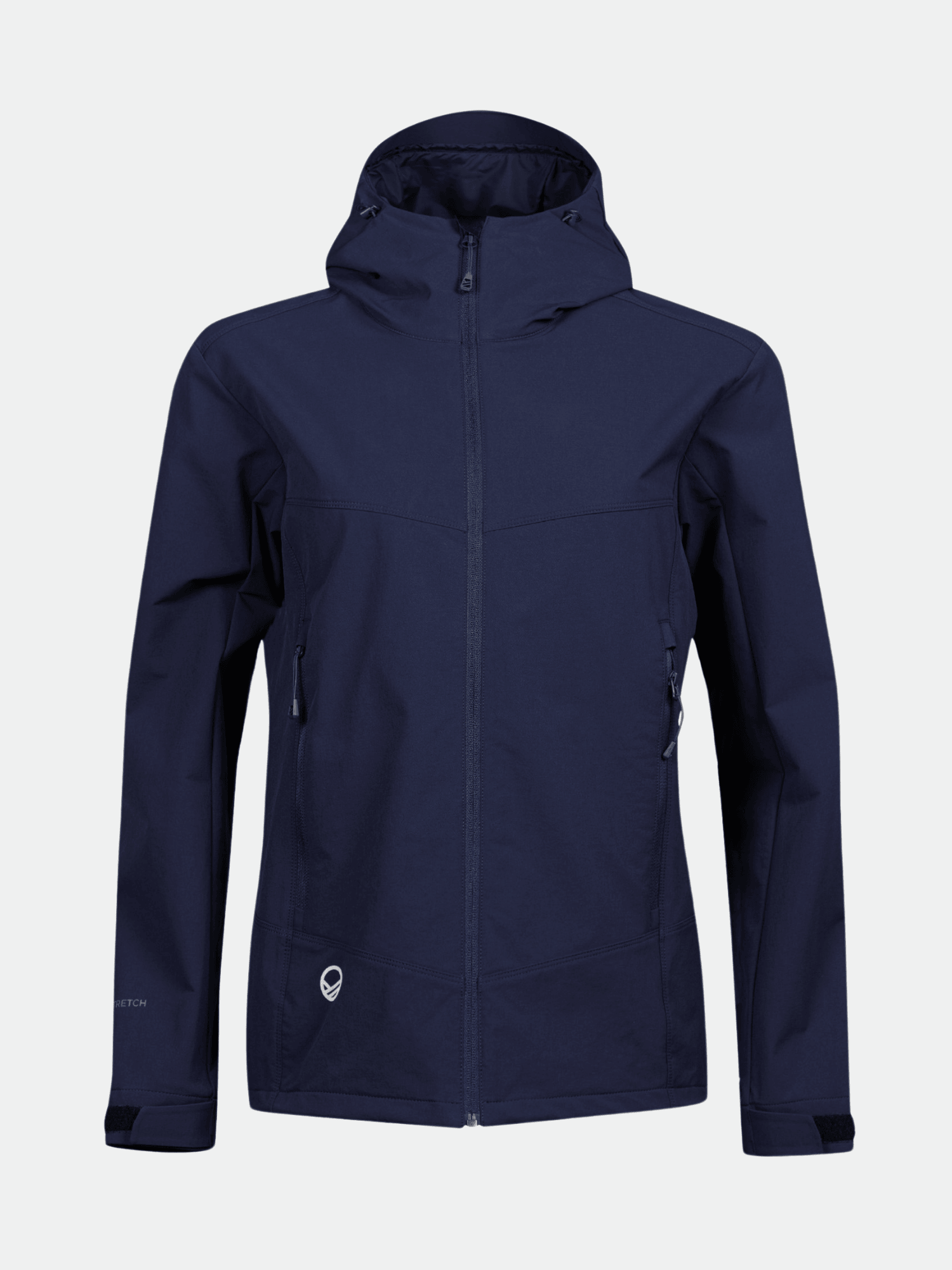 The Halti Pallas Evo Brushed X-stretch Jacket Womens is a navy outdoor jacket with front zip and two zippered pockets.