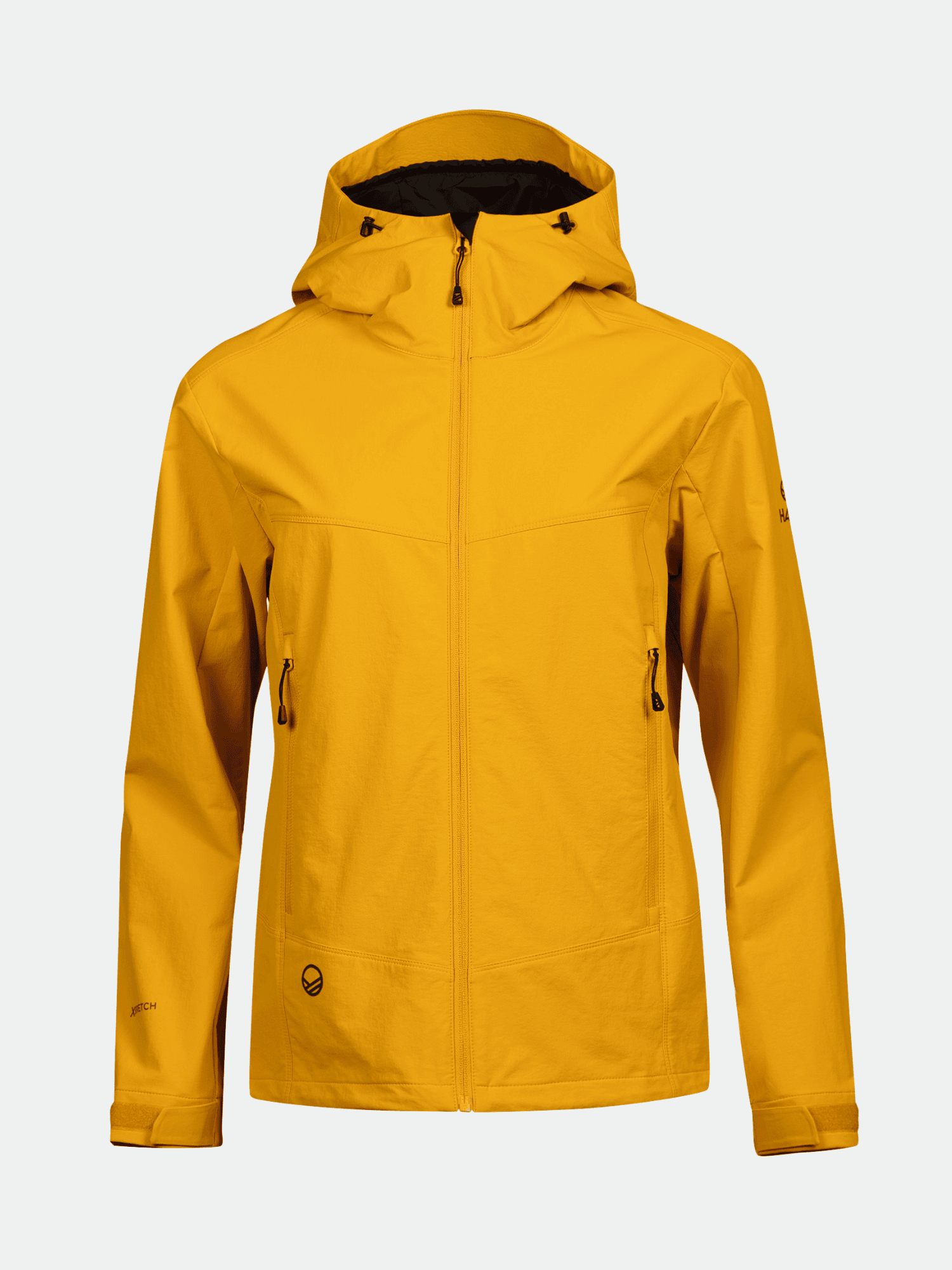 The Halti Pallas Evo Brushed X-stretch womens jacket in yellow features a front zipper and two zippered pockets.
