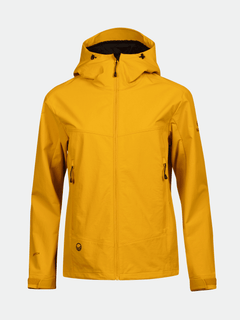 The Halti Pallas Evo Brushed X-stretch womens jacket in yellow features a front zipper and two zippered pockets.